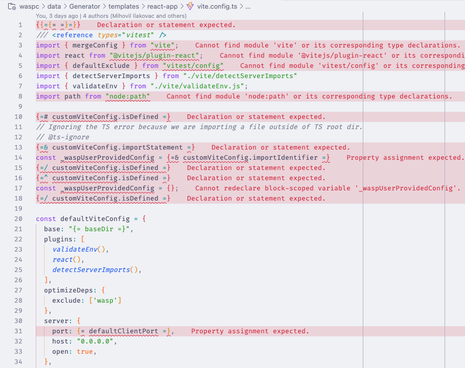 A screenshot of a code editor with the same code as above, showing lots of syntatic and static analysis errors